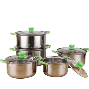 Ensemble de 10 casseroles et poêles en acier inoxydable vert avec couvercles en verre trempé, finition polie - Product Image 3