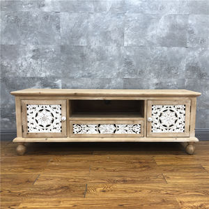 Muebles decorativos para el hogar, Vintage armario de almacenamiento, arte de madera tallada, Blanco lavado, 3 puertas, 2 cajones, muebles antiguos para sala de estar - Product Image 5