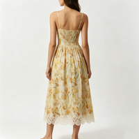 Robe mi-longue jaune à imprimé floral avec dentelle, bretelles spaghetti, corsage corset, coupe trapèze, robe d'été pour femme, style romantique vintage
