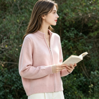 Cardigan en tricot décontracté pour femme, col semi-montant, manches longues, respirant, automne-hiver, fermeture éclair, en cachemire, personnalisé en usine
