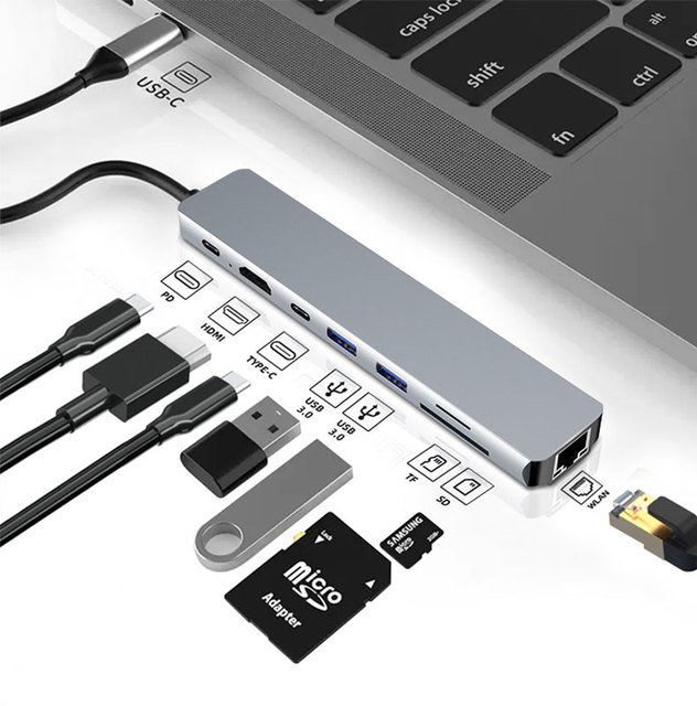 New Product OEM Multifunction hdmi Hub USB C 4K HDMI RJ45 100M/bps PD100W SD/TF Cards Docking Station Multifunctional Hub 8 in 1