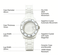 Kit de boîtier de montre en céramique blanche 40 mm, bracelet en céramique, lunette rotative, verre saphir, mouvement 3135 2824, montre respirante