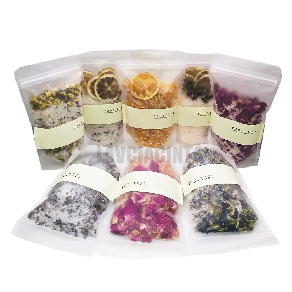 OEM label pribadi salt bath herbal rose aromatik kemasan kustom garam mandi alami cbd dengan bunga