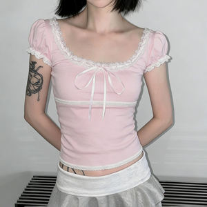 Fresh Pink Lace Trim Square Neck Bow Tie T Shirt Puff Sleeve Short Sleeve <b>Top</b> Cute Playful Summer Tee - Product Image 4