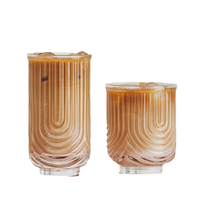Gelas Tumbler Kaca Model D&Z DZ00290 Bentuk U Motif Bunga Timbul Pola Garis-Garis Dapat Ditumpuk Portabel untuk Kopi Bisnis Grosir