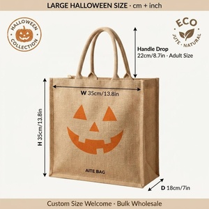 Borse tote in iuta KS Brand per Halloween con chiusura a cerniera, grandi dimensioni - Ingrosso, stampa zucca, design Jack <span class=keywords><strong>O</strong></span>' Lantern, borsa stile rustico - Product Image 3