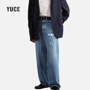 थोक पुरुषों के अनुकूलित लोगो ओएम विंटेज वॉश चौड़े पैर सीधे जींस ढीली फिट भारी डेनिम बैगी जींस - Product Image 3