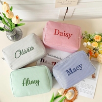 Bolsa de Aseo de Algodón a Rayas Bordada Personalizada, Estilo Europeo Retro, para Viaje, Almacenamiento de Cosméticos, Ligera y Duradera
