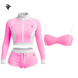 Completo Sportivo Corto Personalizzato a Tre Pezzi con Top, Giacca con Zip e <span class=keywords><strong>Pantaloncini</strong></span> da Yoga di Alta Qualità per <span class=keywords><strong>Donna</strong></span> - Product Image 2