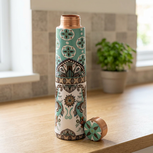Bouteille en cuivre ayurvédique avec impression, bouteille d'eau en cuivre pur, design de bouteille en cuivre, œuvre d'art Meena - Product Image 1