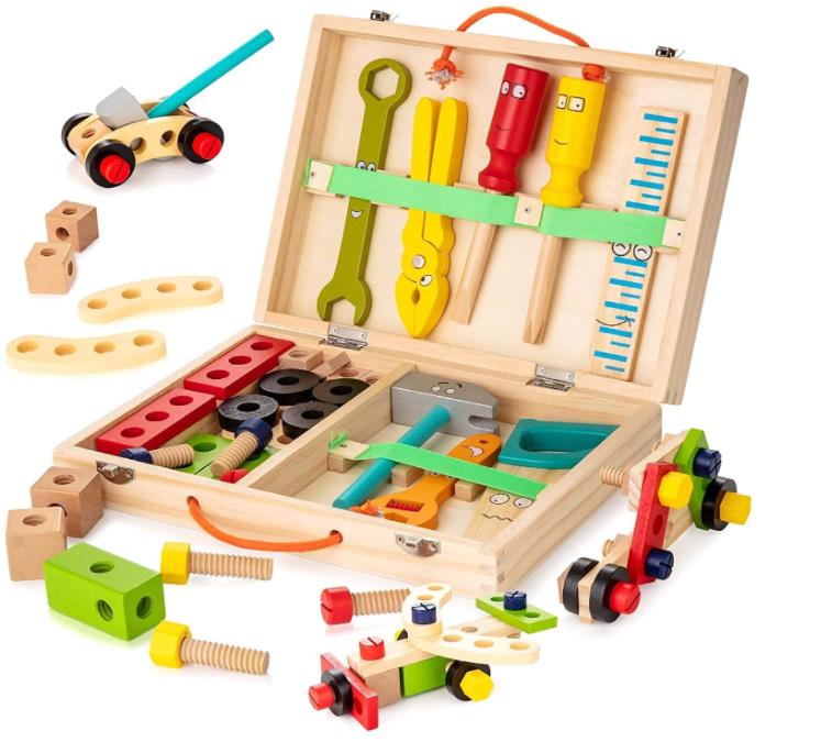 Деревянный ящик для инструментов с красочными инструментами