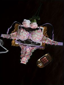 Women's Sexy Countryside Style Fragmented Flower Lace Embroidery Gathering Underwear Set With <b>Perspective</b> Mesh Bow Two Piece Set - Product Image 5