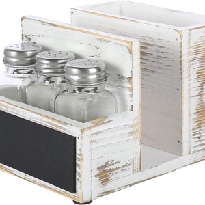 Wooden Condiment And Cutlery Storage Box With Napkin Holder <b>White</b> Distressed Seasoning <b>Rack</b> For Kitchen Desktop Use - Product Image 5