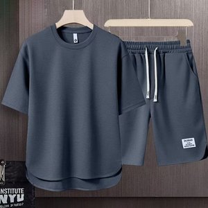 Vêtements de sport pour hommes, ensemble 2 pièces de chemise courte unie et décontractée avec logo brodé, <span class=keywords><strong>t</strong></span>-<span class=keywords><strong>shirt</strong></span> décontracté, pantalon, nouvel arrivage - Product Image 2