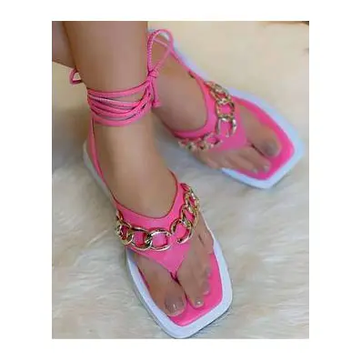 S273 Square Open Toe Neon Pink Grün Damen Neue Schuhe Metall kette Knöchel riemen PU Flip Flops Summer Beach Römische Sandale