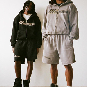Ensemble de survêtement à capuche, ensemble court, sweat-shirt à fermeture éclair ample de haute qualité personnalisé et short, vêtements à imprimé gonflé en deux pièces, <span class=keywords><strong>jogging</strong></span> pour hommes - Product Image 2