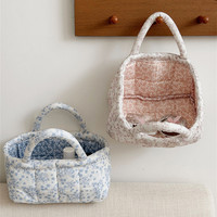 Panier de rangement à motif floral rose et bleu avec poignée, mini panier organisateur de maquillage, panier de rangement portable pliable pour articles divers