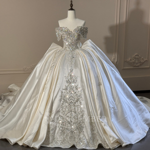 Robe de mariée moderne XS288 en satin, épaules dénudées, longue traîne, style bouffant, pour femmes - Product Image 1
