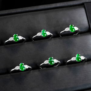 S925 <b>silver</b> inlaid natural A-grade jadeite <b>emerald</b> green ice type jade pendant <b>ring</b> adjustable for women - Product Image 4