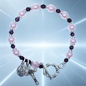 Katolik Tespih Bilekliği Pembe İnci Mor Kristal Bileklik Bakire Madalyonlu Haç Charm Dini Takı - Product Image 5