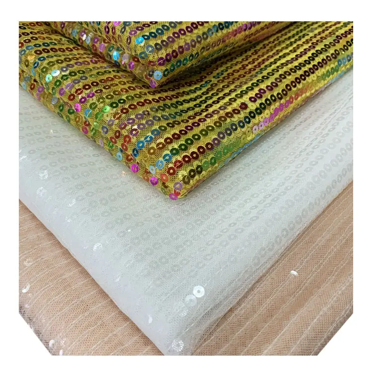 transparent Sequin stripe spangle iridescent Rainbow saree Fabric polyester net tulle girls evening party dress fabric