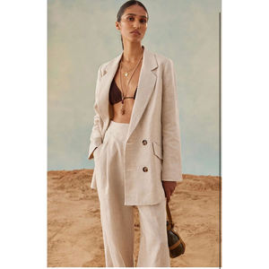 Completo Tre Pezzi da <span class=keywords><strong>Donna</strong></span> Autunnale Casual Personalizzato di Fabbrica con Giacca in <span class=keywords><strong>100</strong></span>% <span class=keywords><strong>Lino</strong></span> a Maniche Lunghe, Gilet e <span class=keywords><strong>Pantaloni</strong></span> a Gamba Dritta a Vita Alta - Product Image 2