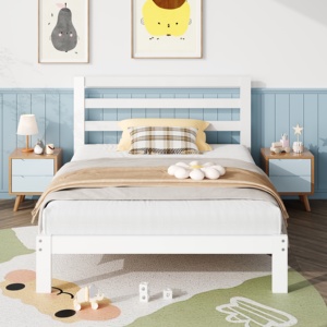 Letto della piattaforma di legno solido con la <span class=keywords><strong>testiera</strong></span>, struttura gemella moderna del letto con le stecche di legno di sostegno, nessuna molla della scatola necessaria, bianco - Product Image 2