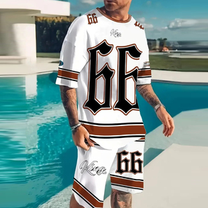 Set Estivo da <span class=keywords><strong>Uomo</strong></span> 2 Pezzi Personalizzato con Logo, T-shirt Goffrata e Pantaloncini Stampati, Completo Sportivo per <span class=keywords><strong>Uomo</strong></span> - Product Image 1