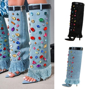 Women Colorful Diamonds Summer Shoes Denim High Heels Stiletto Knee High <b>Boots</b> Open Toe Overlay Fringes Sandals - Product Image 1