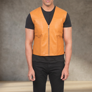 Tan Brown <b>Leather</b> <b>Men's</b> <b>Vest</b> with V-Neck Collar Breathable Quick Dry Casual Outerwear for Winter OEM Service Available - Product Image 2
