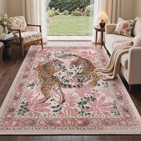 Rosa Botanischer Vintage Orientalischer Boho Tiger-Print Waschbarer Rutschfester Niedrigfloriger Teppich für Wohnzimmer Schlafzimmer Studentenwohnheim Heimdekoration