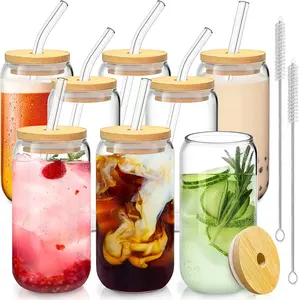 12oz 16oz 20oz tùy chỉnh bán buôn Borosilicate chai thủy tinh với rơm và nắp tre 350ml 500ml nước uống chai nước trái cây cup