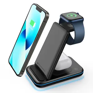 foldable wireless charger 3 in 1 charging station stand portable universal qi wireless charger smart touch led 15w for phone