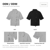 Kemeja Pria Kerah Mandarin Custom OEM ODM Grosir Korea Kancing Jepret Lengan Pendek Polos Hitam Abu-abu Streetwear