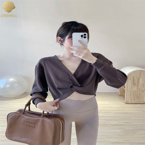 CNSHELL Herstellung Kreuzknoten an der Vorderseite Hot Sale Gym Workout Benutzer definierte Yoga-Tops Langarm-Strick bluse Damen Tops - Product Image 5