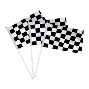 Race Car Party Checkered Black And White Racing Polyester Hand Held Flag with Plastic Stick Pole