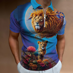เสื้อโปโลปกคอพับซิปลายทางมีซิปสำหรับผู้ชายเสื้อกอล์ฟแขนสั้นลายสิงโตสัตว์3D กราฟิก - Product Image 4