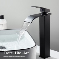 Robinet de lavabo cascade transfrontalier, double fonction chaud/froid, en acier inoxydable noir, design à bec large, simple, à poser sur comptoir, en céramique