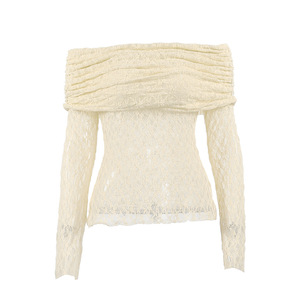 Nuova Maglietta Donna Primaverile in Stile Francese, Elegante e Sexy, con Spalle Scoperte, <span class=keywords><strong>Maniche</strong></span> <span class=keywords><strong>Lunghe</strong></span>, Aderente, in Maglia Jacquard e <span class=keywords><strong>Pizzo</strong></span> - Product Image 4