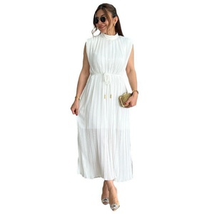 Vestido Largo Casual de Moda Primavera-Verano 2024, Estilo Europeo Americano, Cuello Medio Alto, Cintura con Encaje, Color Sólido - Product Image 2