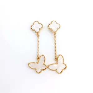 New Design white pearl Shell Four leaf clover Post butterfly drop gold chain tassel EARRING for Women