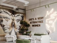 Service de design d'intérieur de salon de coiffure de luxe industriel moderne, système d'affichage de miroirs suspendus sur mesure et aménagement de boutique