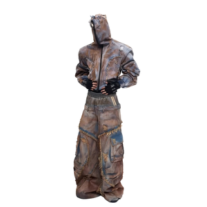 Chaqueta vaquera corta con capucha de bambú tejido estilo vintage High Street Wasteland para hombre, con efecto desgastado y teñido de barro, de dos piezas con estructura destruida. - Product Image 1