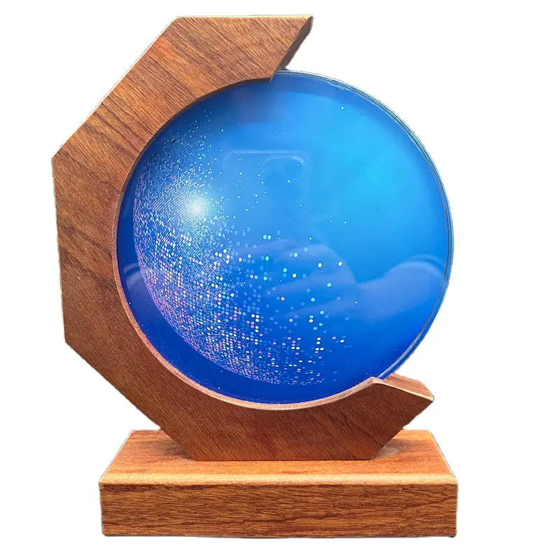 Aanpasbare Woord Relatiegeschenk Blauw Laser Gegraveerde Ronde K9 Blank Houten Base Kristallen Trofee