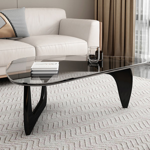 Mesa de centro moderna de vidrio templado con patas de metal negro, muebles para sala de estar, diseño nórdico minimalista - Product Image 4