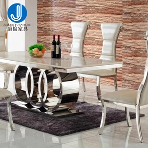 Mesa de comedor de acero inoxidable, moderna, de lujo, con mármol blanco y plateado - Product Image 2