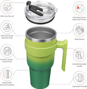 Gobelet isotherme de 40 oz avec poignée, couvercle et paille, en acier inoxydable, pour le voyage et le café - Product Image 2