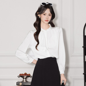 Pale Yellow Women's Blouse Long Sleeve Ruffled Trim Solid Color Korean Style Everyday Wear Polyester Shirt - Product Image 4
