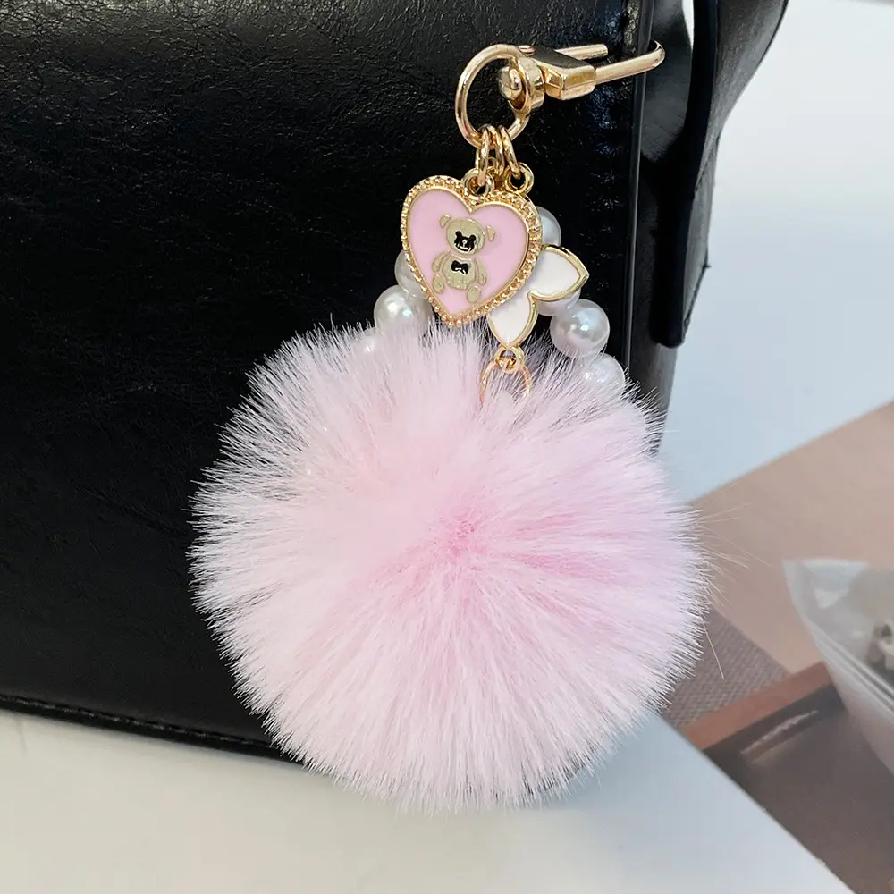 Keychain For Girl's School Bags With Horse Bear Metal Mini Bear Keychain Plush Toy Custom Bunny Rabbit Plush Feather Fur Keyring