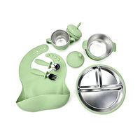Ensemble de repas pour bébé en silicone avec ustensiles en acier inoxydable, base antidérapante à ventouse, motif animalier de dessin animé, sans BPA et anti-fuite